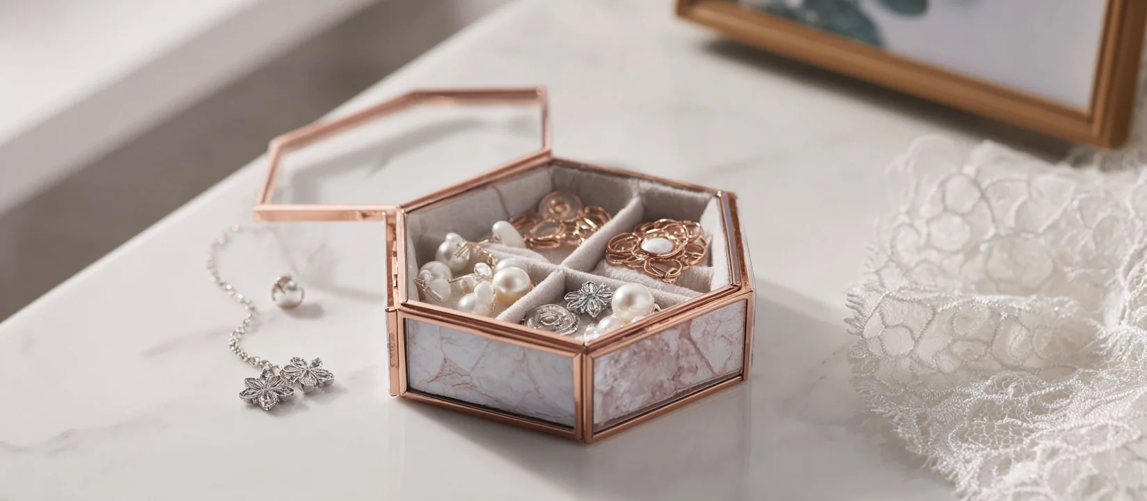 White frame small glass jewelry box, small jewlery box, jewelry box manufacturer.